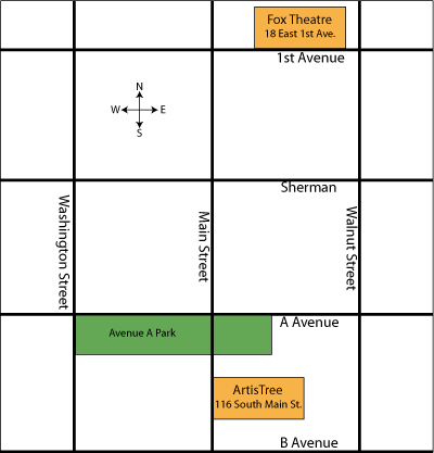 Map of Downtown Hutchinson including ArtisTree and the Fox Theatre